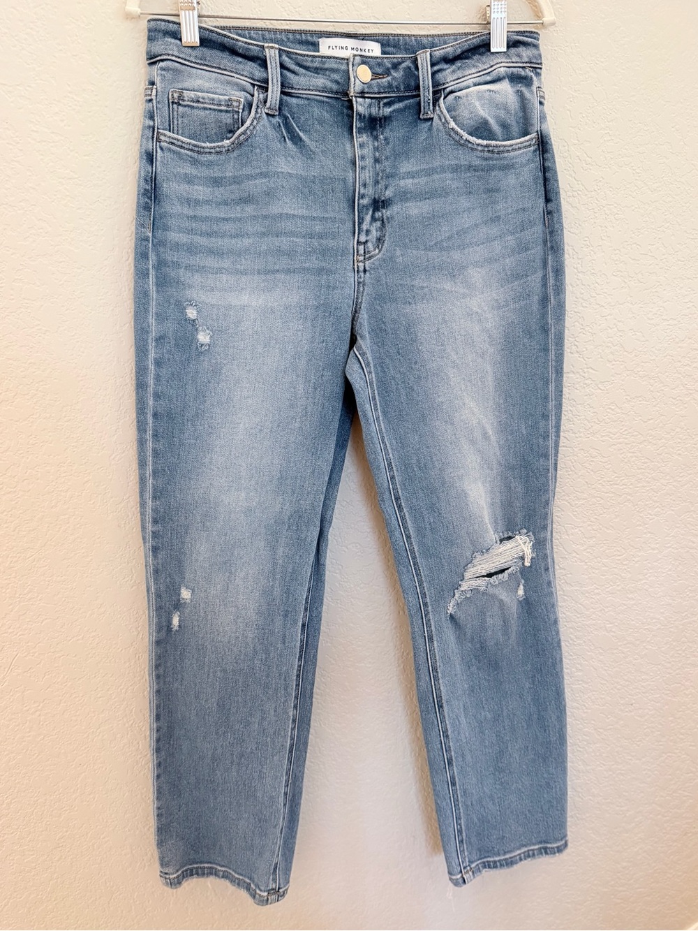 Flying Monkey High Rise Distressed Straight Jeans Light Wash 30